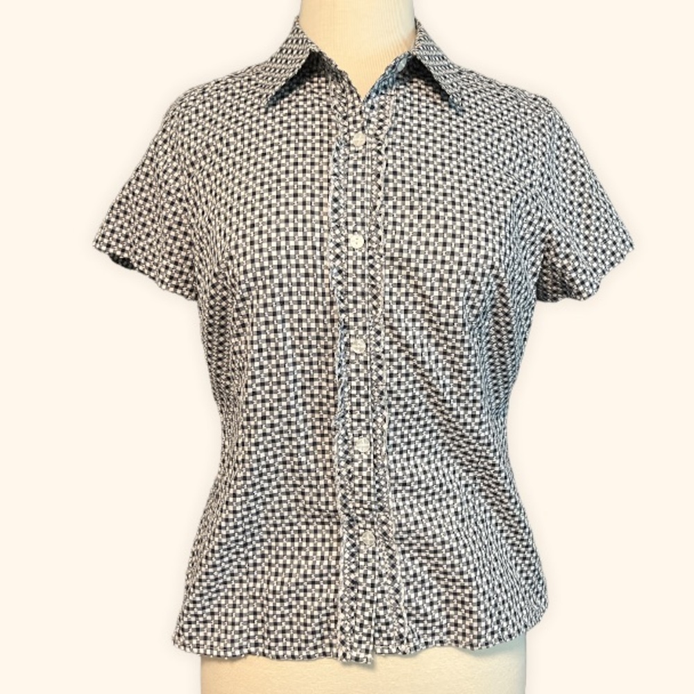 Sag Harbor Plaid short sleeve blouse black and white Ruffle front size M cotton